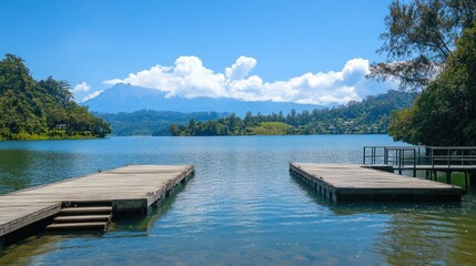 Serene Lake View with Wooden Docks and Mountain Background