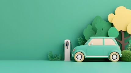 A vibrant illustration of a green electric car parked next to a charging station, surrounded by stylized trees and a solid green background.