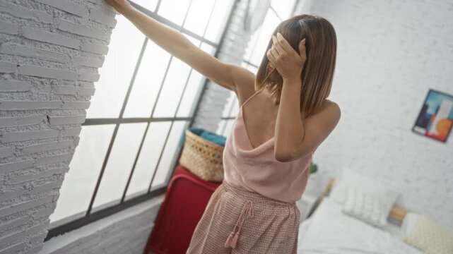 Hispanic woman with short brunette hair in a bedroom leaning against a white brick wall feeling dizzy indoors at home