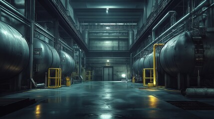 A large industrial building with a wet floor and yellow pipes