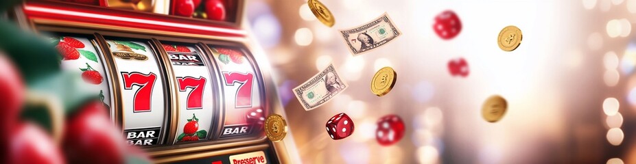 A vibrant slot machine with spinning reels, coins, and dice.
