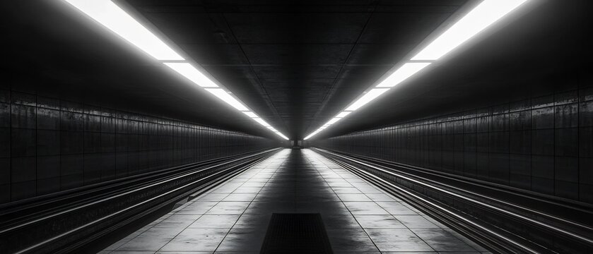 Void Like Subway Station with Endless Tracks Fading into Darkness   A minimalist surreal architectural scene featuring an empty subway station with long parallel tracks vanishing into a dark