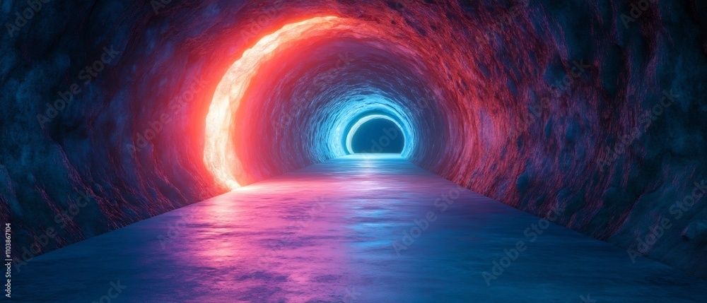 Poster vast surreal tunnel traversing through a mystical otherworldly void its distant end glowing faintly 