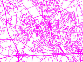 Neon Style Road Map overlay of Moers, Germany in in Bright Pink.