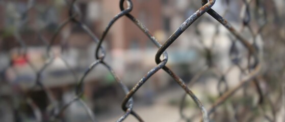 Chain link fence with blurry urban background, link, development, protection, cityscape