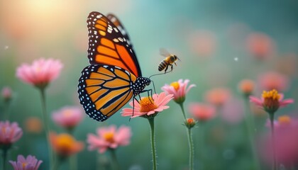 Fototapeta premium In a vibrant garden, a stunning Monarch butterfly gracefully perches on a delicate pink flower, while a busy bee hovers nearby, creating a scene of harmony and life. The soft, dreamy background