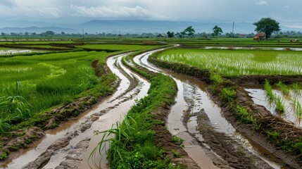 Naklejka premium Muddy Path Through Lush Rice Fields: A winding dirt path cuts through vibrant green rice fields, showcasing the natural beauty and agricultural heart of a rural landscape. The path is muddy.