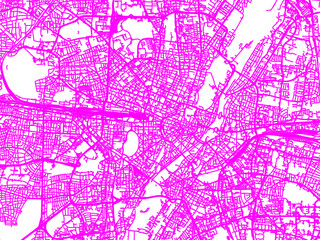 Neon Style Road Map overlay of Munchen, Germany in in Bright Pink.