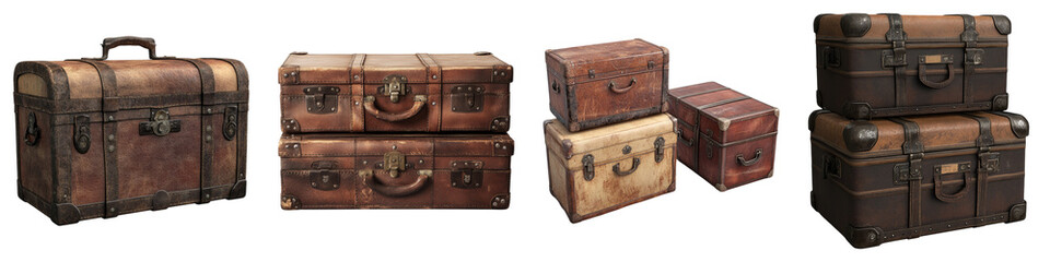 Vintage leather trunks isolated on transparent background, Set of