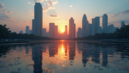 Fototapeta premium The image captures a breathtaking city skyline silhouetted against a vibrant sunset, with the sun dipping below the horizon, casting a warm glow over the water. Reflections shimmer on the surface