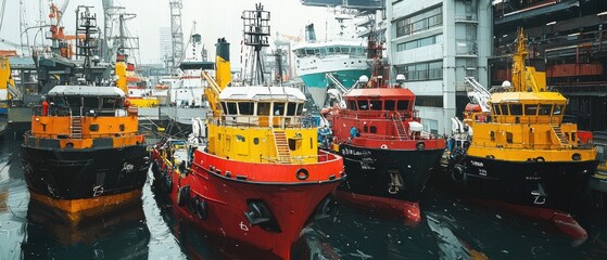 Fototapeta premium A fleet of colorful tugboats docked in a busy harbor, surrounded by industrial structures on a rainy day.