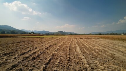 Plowed farmland stretches towards a clear blue sky, a rural landscape of cultivated earth and green grass