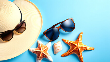 safety awareness is promoted in July with sunscreen, sunglasses, and sunhats, often paired with seashells and starfish on a soft blue background.