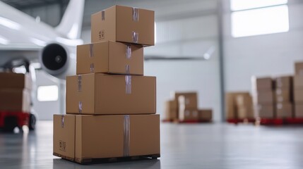 A stack of cardboard boxes is placed inside a large warehouse, near an airplane, showcasing a logistics and shipping environment.
