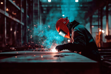 Young locksmith wearing a protective helmet and goggles welding metal structures in an industrial space.