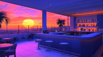Fototapeta premium A vibrant rooftop bar at sunset, featuring a stunning view with colorful skies, palm trees, and a sleek bar design.