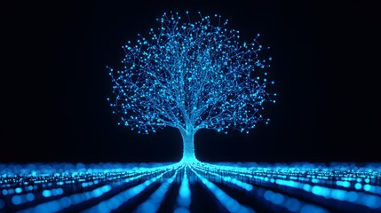 A glowing blue tree made of digital particles against a dark background, symbolizing technology, nature, and connectivity.