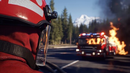 Fototapeta premium A firefighter observes a blazing vehicle in a mountainous area, showcasing the urgency and danger of firefighting in natural landscapes.