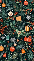 Christmas Pattern with Ornaments, Trees, and Gifts