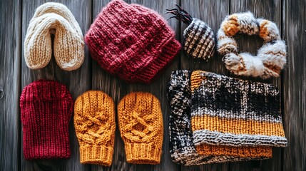 A set of various winter accessories including knitted scarves, gloves, and ear warmers, arranged neatly on a wooden table 