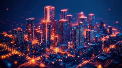 Fototapeta premium A cityscape with buildings lit up in orange and blue