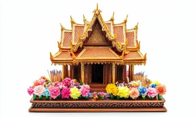 Obraz premium Ornate Thai shrine, flowers, incense sticks.