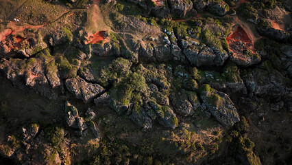 Aerial view of rugged terrain with unique rock formations in Kenting National Park, Taiwan