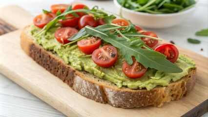 Freshly baked whole grain bread with avocado spread, cherry tomatoes, and leafy greens on top