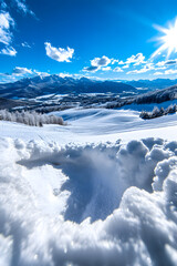 Winterliche Landschaft mit verschneiten Hügeln, Bäumen und Bergen unter strahlendem Sonnenschein
