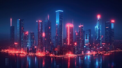 Obraz premium A city skyline is lit up in neon colors, creating a vibrant