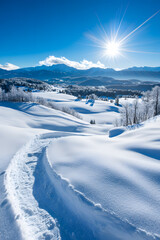 Schneebedeckte H&uuml;gel und W&auml;lder unter klarem Himmel mit strahlender Wintersonne
