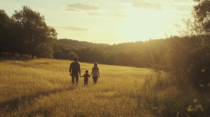 Obraz premium Family walking hand-in-hand across a scenic park sunlit grass field with trees in the distance golden light and cheerful outdoor moment