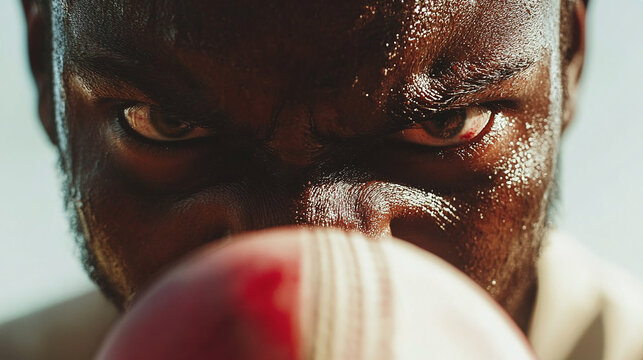 Close-up of a cricket ball being bowled, intense expression of the bowler