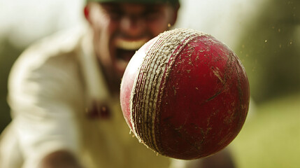 Close-up of a cricket ball being bowled, intense expression of the bowler
