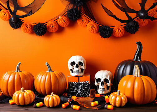 rant orange background features skulls, pumpkins, candy, and spooky decorations in a festive Halloween setting with autumnal colors and textures.