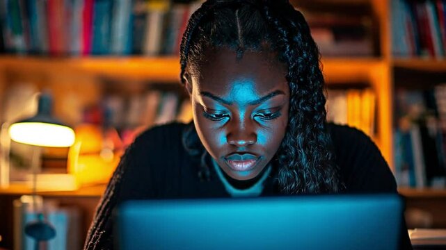 African American woman concentrating on her laptop under soft lighting. Concept of intellectual growth, effort, and hard work.