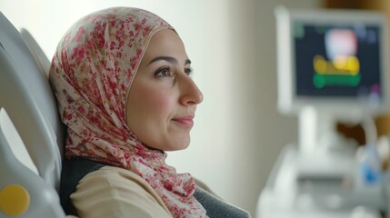Woman in a headscarf sitting in a hospital chair bright soft indoor lighting light skin tone modern clinical environment