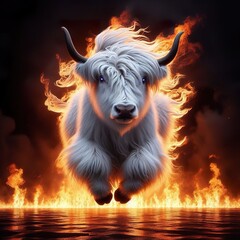 A majestic white yak with vibrant blue eyes leaps through a fiery inferno. Its long, fluffy fur contrasts sharply with the burning flames