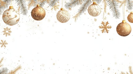 A festive arrangement of golden and white ornaments, hanging among pine branches, perfect for Christmas and holiday celebrations.