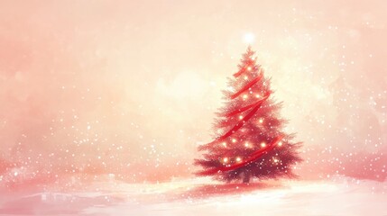 A glowing Christmas tree adorned with red ribbons and lights, set against a soft, snowy background, creating a serene holiday atmosphere.