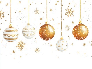 Elegant Christmas ornaments in gold and white hanging against a snowy backdrop, featuring intricate designs and sparkling elements.
