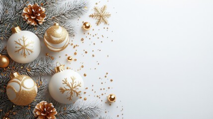 A festive arrangement featuring elegant white and gold Christmas ornaments, pine cones, and sparkling decorations on a snowy background.