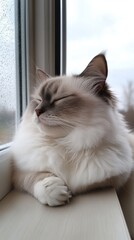 A Serene Feline Portrait Captured by the Window with Raindrops on the Glass