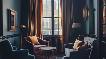 Interior shot of a living room with stylish curtains hanging from a window, showcasing a harmonious blend of colors and textures, complemented by tasteful decor and comfortable seating