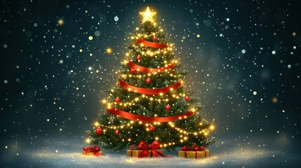 A beautifully decorated Christmas tree glows with lights and ornaments, surrounded by presents, set against a snowy, festive backdrop.