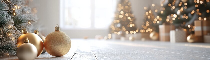 A festive scene featuring golden ornaments and decorated Christmas trees, creating a cozy and warm holiday atmosphere.