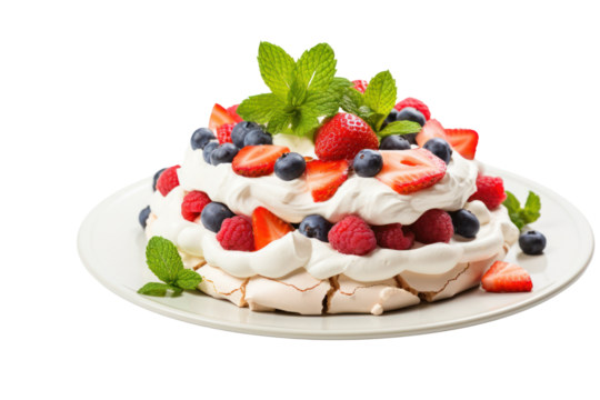 A stunning Pavlova dessert featuring a crisp meringue exterior filled with rich whipped cream. The cake is generously topped with an assortment of fresh, juicy berries like strawberries