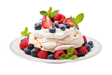 A stunning Pavlova dessert featuring a crisp meringue exterior filled with rich whipped cream. The cake is generously topped with an assortment of fresh, juicy berries like strawberries