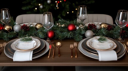 Beautifully arranged dining table featuring fine china, glassware, and festive decorations for a joyful Christmas celebration with a warm, inviting atmosphere