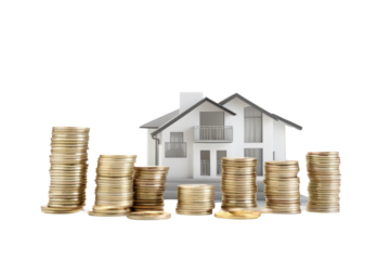 A sophisticated house model rendered in a sleek modern style, accompanied by a carefully arranged stack of platinum coins, symbolizing wealth accumulation through real estate investments. 